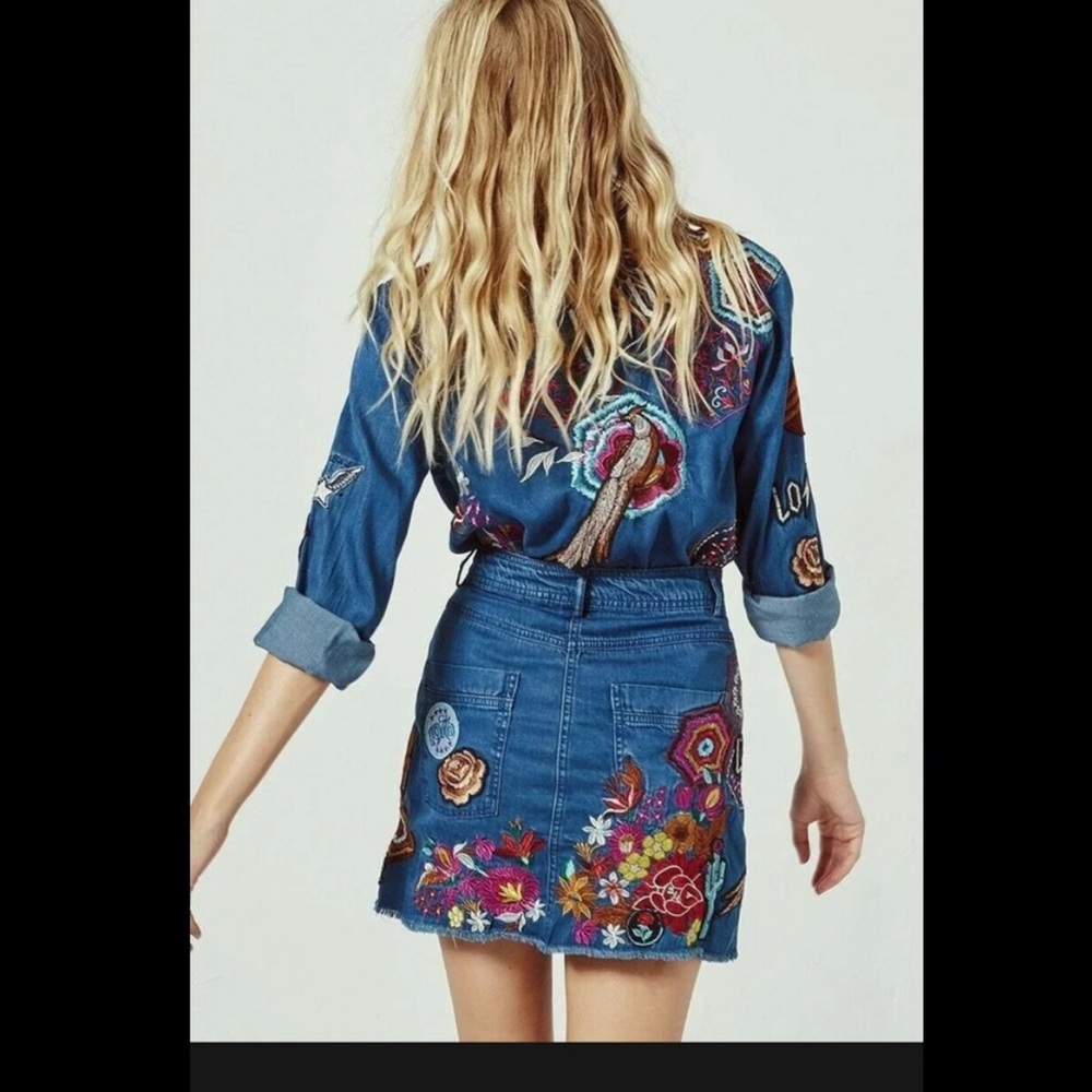 Spell & The Gypsy Flower Child Embroidered Denim Skirt Navy S